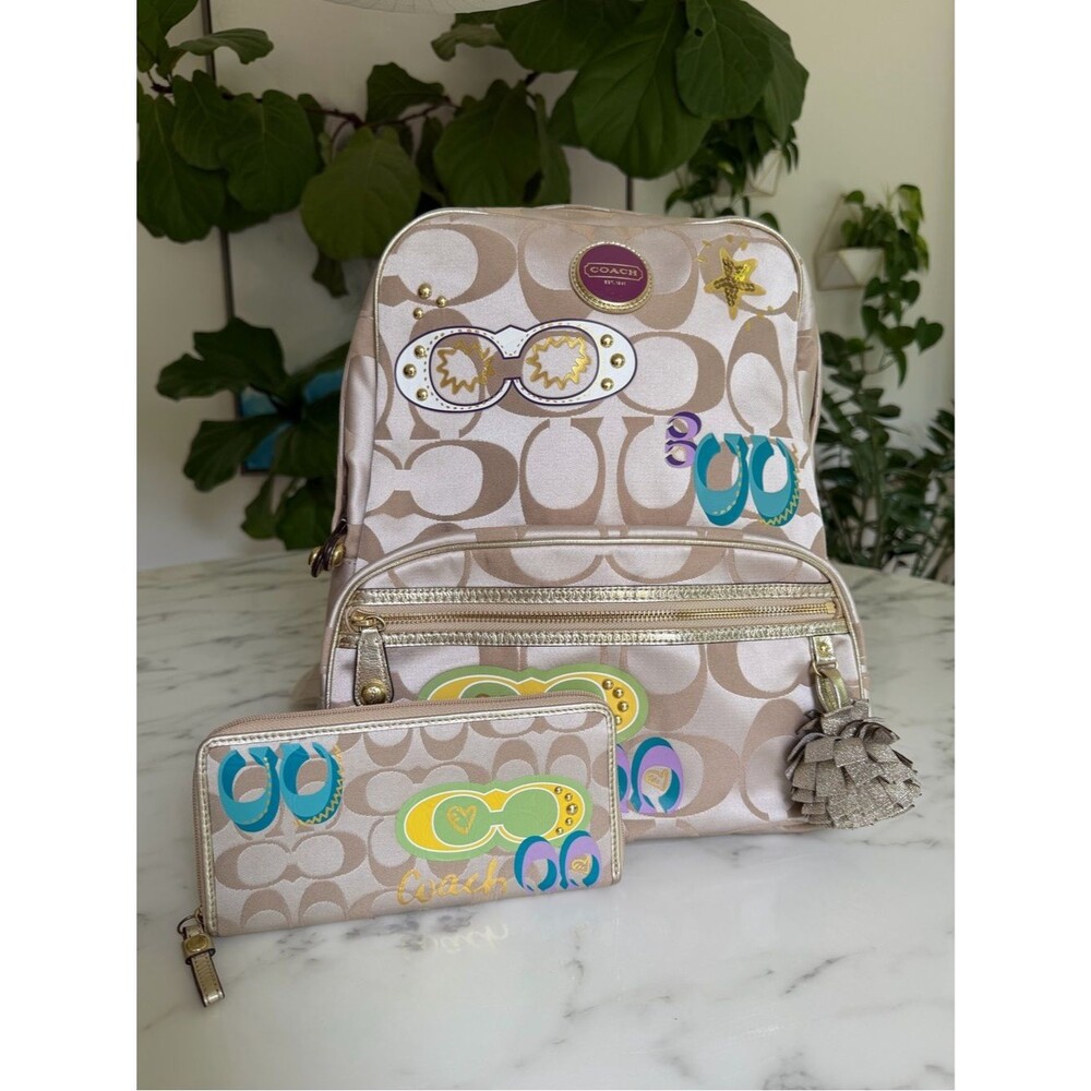 Coach Poppy Signature Graffiti Appliqué Backpack & Wallet Set Khaki Gold Multi